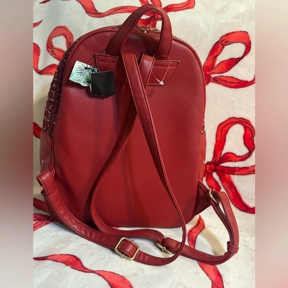 Badgley Mischka red and gold tweed backpack with gold studs - Picture 5 of 9